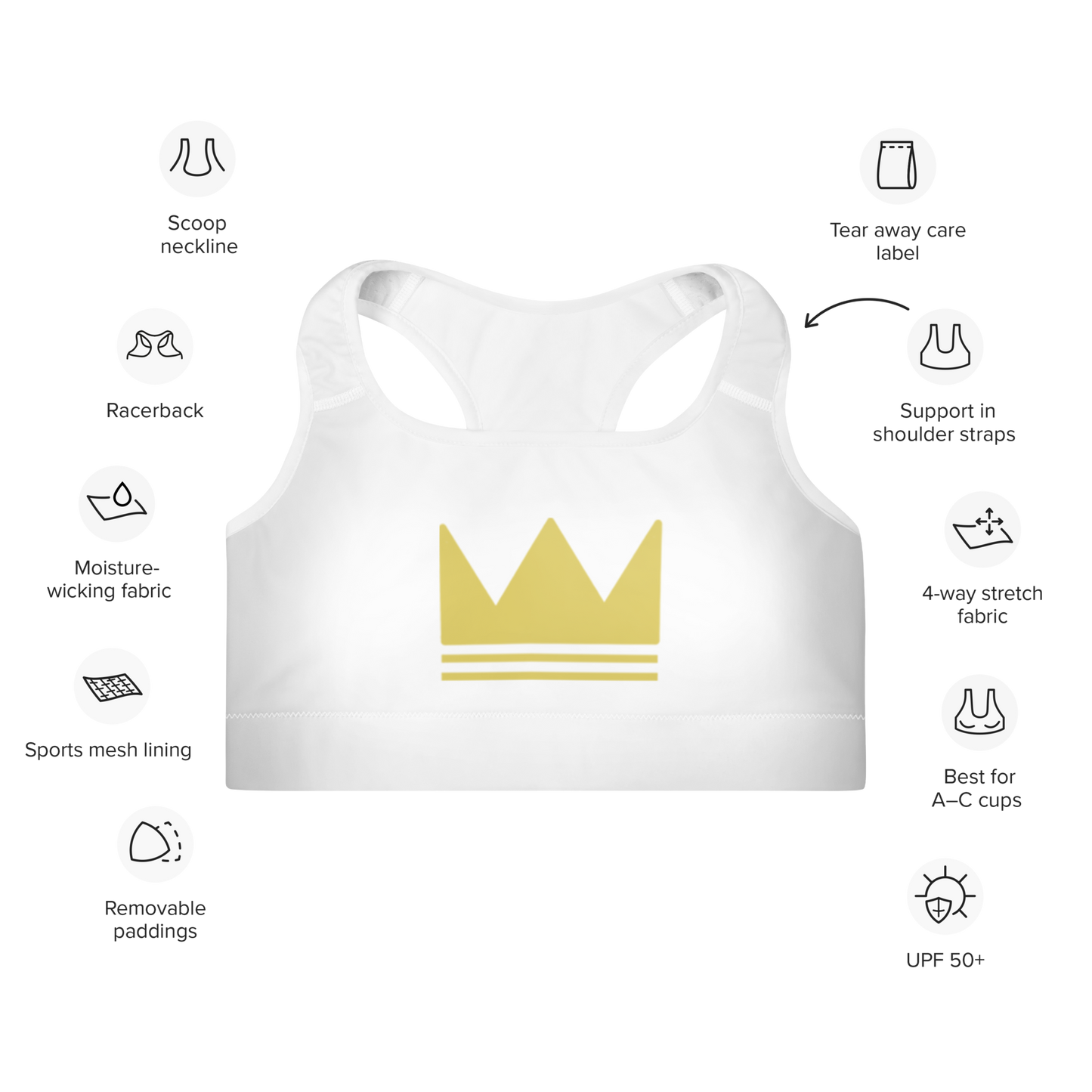 Team Bravo Padded Sports Bra White & Gold